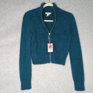 New Sincerely Jules Fuzzy Cropped Zip Up Cardigan Sweater Women's Teal M‎